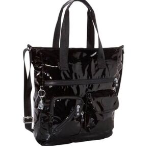 Kipling Joslyn Tote Black Patent Coated Nylon Crossbody Shoulder Silver Monkey